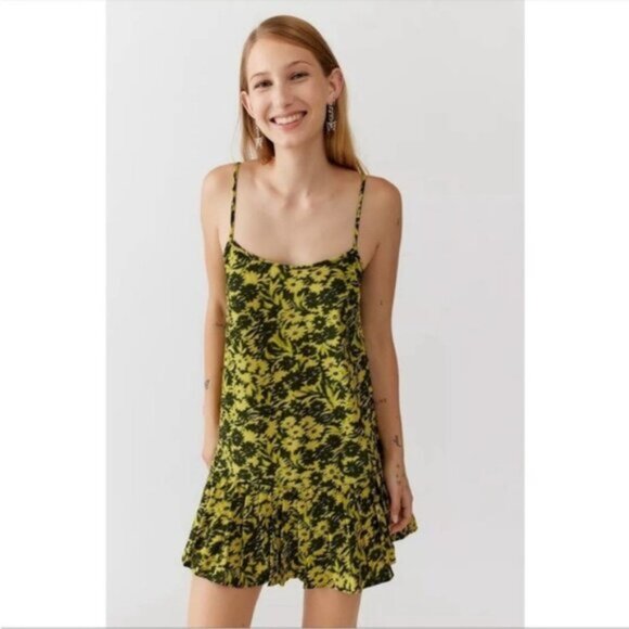 Urban Outfitters | Camille Mini Frock Dress Yellow Green Digitized Floral Medium - Picture 8 of 16
